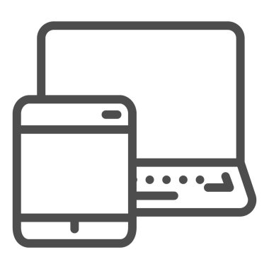 Tablet ve dizüstü bilgisayar çizgisi simgesi, akıllı ev sembolü, beyaz zemin üzerinde modern teknoloji vektör işareti, mobil ve web tasarımı için multimedya dijital aygıt ana hatları biçimi. Vektör grafikleri.