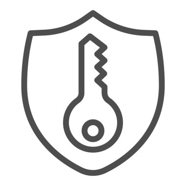 Amblem ve anahtar çizgisi simgesi, akıllı ev sembolü, beyaz arkaplanda güvenlik ve koruma vektörü işareti, gizlilik kalkanı ve mobil konsept ve web tasarımı için ana hatlı anahtar simgesi. Vektör.