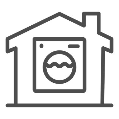 Bina çizgisi simgesinde çamaşır makinesi, akıllı ev sembolü, uzaktan kumandalı ev aletleri vektör işareti beyaz arka planda, akıllı çamaşır makinesi simgesi taslak biçiminde. Vektör grafikleri.