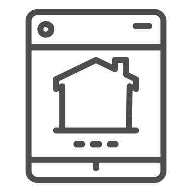 Bina çizgisi simgesine sahip tablet, akıllı ev sembolü, beyaz arka planda uzaktan kontrol teknolojisi vektör işareti, mülkiyet izleme sistemi ikonu ana hatlarını izleme. Vektör grafikleri.