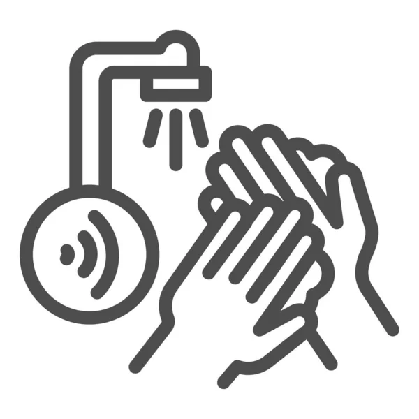 Mãos lavadas sob o ícone da linha da torneira do sensor, símbolo inteligente da tecnologia home, torneira de água de movimento com sinal de vetor de ondas de ar no fundo branco, ícone automático da torneira de lavagem manual no contorno. Vetor . —  Vetores de Stock