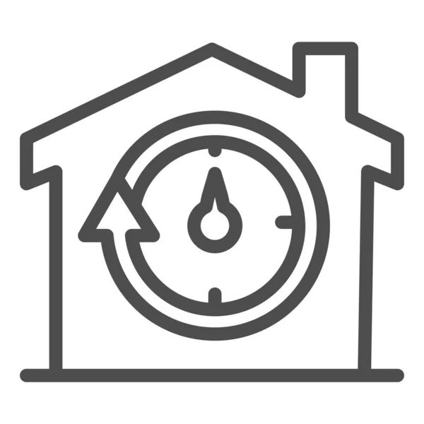 Construção e cronômetro com ícone de linha de seta, símbolo de casa inteligente, sinal de vetor de entrega rápida em casa no fundo branco, estilo de esboço de ícone de tempo em casa para o conceito móvel e web design. Vetor . —  Vetores de Stock