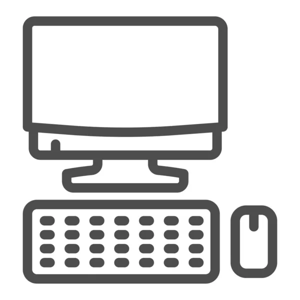 Computermonitor mit tastatur und mauszeile-symbol, smart home-symbol, technologie-vektorzeichen auf weißem hintergrund, computer-arbeitsplatzsymbol im umriss-stil mobiles konzept, web. Vektorgrafik. — Stockvektor