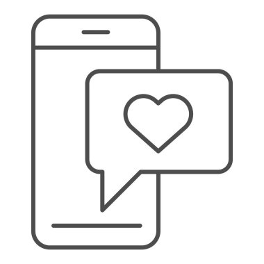 İçinde aşk mesajı olan bir telefon, ince çizgi simgesi. Romantik SMS vektör çizimi beyaza izole edilmiş. Web ve uygulama için tasarlanmış Aşk Sohbeti tasarımı. Eps 10.