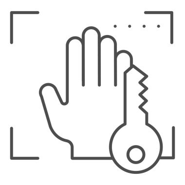 Biyometrik el taraması ve anahtar ince çizgi simgesi. El izi tanımlama vektör çizimi beyaza izole edildi. El biyometrik tarama tasarımı, web ve uygulama için tasarlanmış. Eps 10.