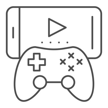 Joystick ve cep telefonu ince çizgi simgesi. Taşınabilir oyunlar vektör illüstrasyonu beyazda izole edildi. Web ve uygulama için tasarlanmış, gamepad ana hatlı mobil oyunlar. Eps 10.