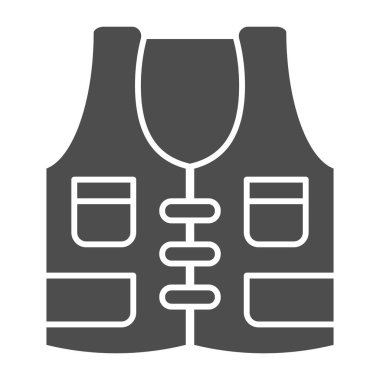 Balıkçı yeleği katı bir ikon. Balıkçılık beyaz üzerine izole edilmiş vektör çizimi. Avcı yeleği kabartma tasarımı, ağ ve uygulama için tasarlanmış. Eps 10.