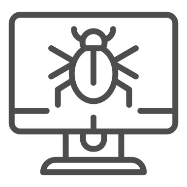 Masaüstü çizgisi simgesinde uyarı uyarısı. Virüslü bilgisayar vektör çizimi beyaza izole edildi. Bilgisayar hatası, web ve uygulama için tasarlanmış ekran ana hatları tasarımı. Eps 10.