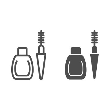 Maskara çizgisi ve sembol. Göz makyajı vektör çizimi beyaza izole edildi. Maskara tüpü ve fırça tasarımı tasarımı, web ve uygulama için tasarlandı. Eps 10.