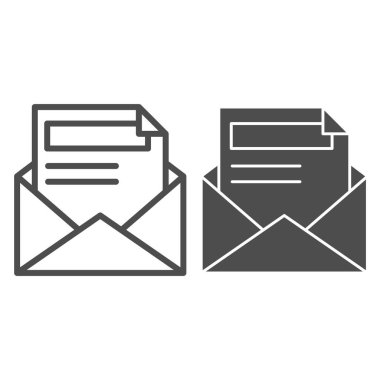 Zarf, harf satırı ve sembol. Beyaz üzerine izole edilmiş belge vektör illüstrasyonu. Web ve uygulama için tasarlanmış posta ana hatlarını aç. Eps 10.