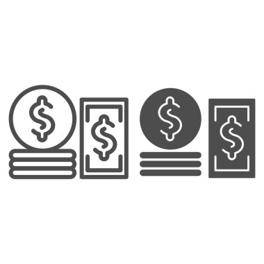 Banknotlar, madeni paralar ve sembol. Para vektörü çizimi beyaza izole edildi. Nakit tasarımı, web ve uygulama için tasarlanmış. Eps 10.