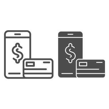 Çevrimiçi ödeme hattı ve sembol. Kredi kartı ve akıllı telefon vektör çizimi beyaza izole edildi. Mobil ödeme taslağı tasarımı, web ve uygulama için tasarlandı. Eps 10.