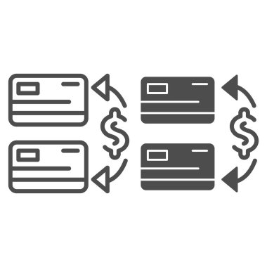 İki kredi kartı hattı ve sembol. Para transferi vektör illüstrasyonu beyazda izole edildi. Web ve uygulama için tasarlanmış işlem ana hatları tasarımı. Eps 10.