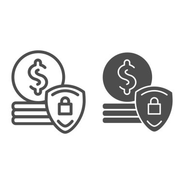 Koruma para hattı ve sembol simgesi. Dolar sikkeleri ve kalkan vektör çizimleri beyaza izole edilmiş. Finans güvenliği tasarımı, web ve uygulama için tasarlandı. Eps 10.