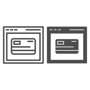 İnternet alışveriş hattı ve sembol. Bilgisayar tarayıcısı ve kredi kartı çizimi beyaza izole edildi. Çevrimiçi kart kayıt tasarımı tasarımı, web ve uygulama için tasarlandı. Eps 10.