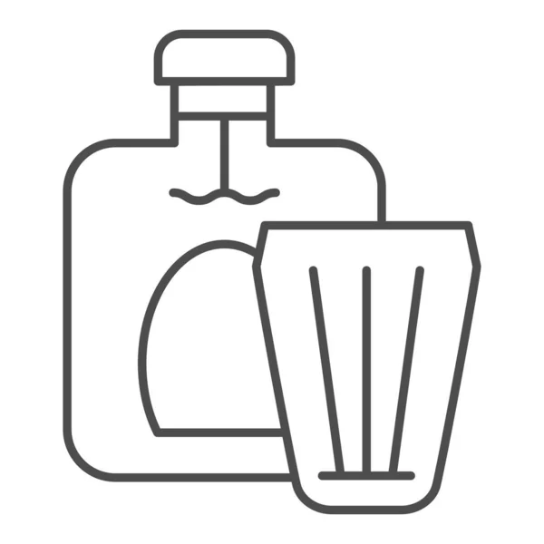 Botella de coñac y vidrio icono de línea delgada. Botella de alcohol con ilustración vectorial de vidrio aislada en blanco. Diseño de estilo de esquema de bebida, diseñado para la web y la aplicación. Eps 10 . — Archivo Imágenes Vectoriales