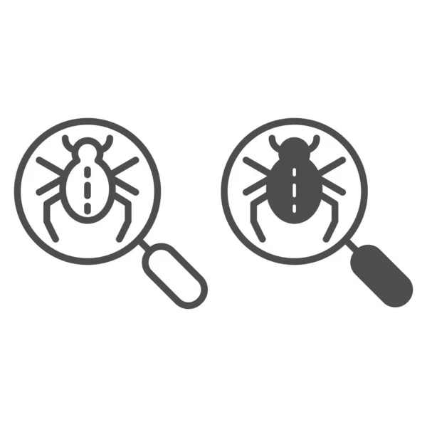 Linha de pesquisa de bugs e ícone de glifo. Ilustração vetorial de lupa e besouro isolada sobre branco. Design de estilo de contorno de vírus de computador, projetado para web e aplicativo. Eps 10 . — Vetor de Stock