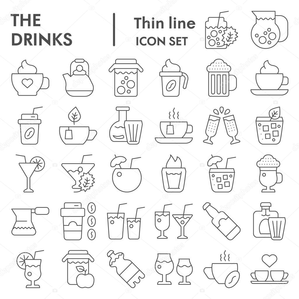 Drinks thin line icon set, beverage symbols collection, vector sketches, logo illustrations, liquid signs linear pictograms package isolated on white background, eps 10