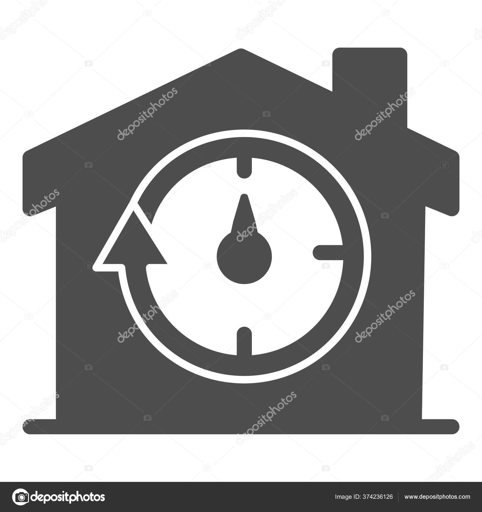 고체 아이콘을 장착 한 빌딩 과 스톱워치, 스마트 하우스 상징, 흰색 배경에 빠른 집 배달 벡터 사인, 모바일 컨셉 과 웹 디자인을  위한 홈 타임 아이콘 글 리프 스타일 이 있다. Vector., image size:1600x1700