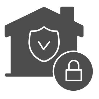 Güvenlik amblemi ve kilit simgesi olan ev, akıllı ev sembolü, beyaz arka planda mülk koruma vektör işareti, bina güvenlik simgesini sembol şeklinde onaylamış. Vektör grafikleri.