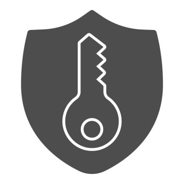 Amblem ve anahtar katı simge, akıllı ev sembolü, beyaz arkaplanda güvenlik ve koruma vektörü işareti, gizlilik kalkanı ve mobil konsept ve web tasarımı için anahtar simgesi. Vektör.