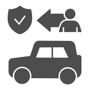 Adam ve güvenlik amblemi olan bir araba sağlam bir simge, güvenli sürüş sembolü, beyaz arka planda sigorta vektör işareti, araba simgesinin güvenliği. Vektör grafikleri.