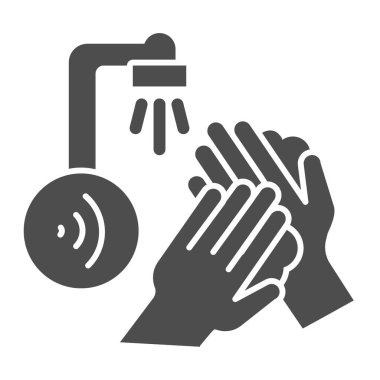 Algılayıcı musluğunun altında yıkanan eller katı ikon, akıllı ev teknolojisi sembolü, beyaz zemin üzerinde radyo dalgaları vektör işareti olan hareketli su musluğu, otomatik el yıkama musluğu simgesi gesinde. Vektör.