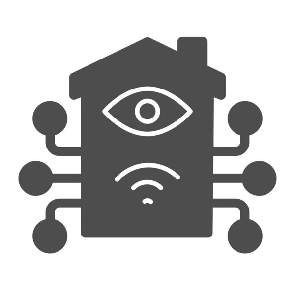 Kunstmatige intelligentie huis en netwerk solide pictogram, smart home symbool, afstandsbediening en robottechnologie huis vector teken op witte achtergrond, gebouw met oog en verbindingen pictogram — Stockvector