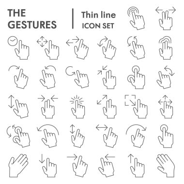 İnce çizgi simgesi seti, el sembolleri koleksiyonu, vektör çizimleri, logo illüstrasyonları, beyaz arkaplanda izole edilmiş doğrusal işaretler piktogram paketi, 10.