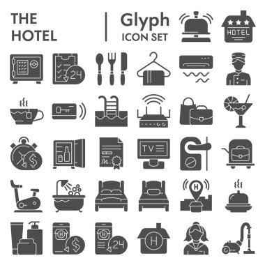 Otel glyph simgesi seti, servis sembolleri koleksiyonu, vektör çizimleri, logo illüstrasyonları, hostel beyaz arkaplanda izole edilmiş katı resim paketleri imzalar, 10.