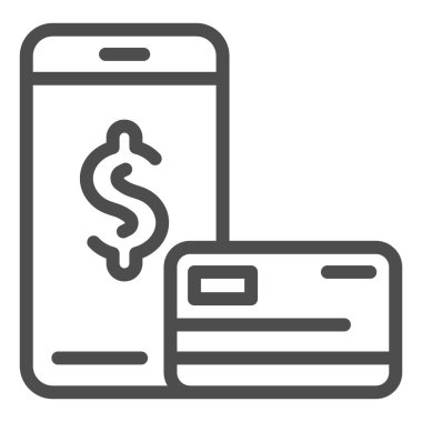 Çevrimiçi ödeme hattı ikonu. Kredi kartı ve akıllı telefon vektör çizimi beyaza izole edildi. Mobil ödeme taslağı tasarımı, web ve uygulama için tasarlandı. Eps 10.