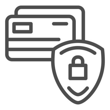 Kalkan çizgisi simgesi olan kredi kartı. Kredi kartı koruma vektör çizimi beyaza izole edildi. Ödeme güvenli tasarım, web ve uygulama için tasarlandı. Eps 10.