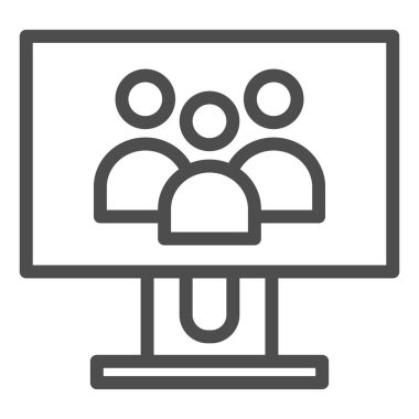 Monitör ekranı simgesindeki bir grup insan. Ekran vektör illüstrasyonundaki ekip beyazda izole edildi. İnsanlar web ve uygulama için tasarlanmış stil tasarımını özetliyor. Eps 10.