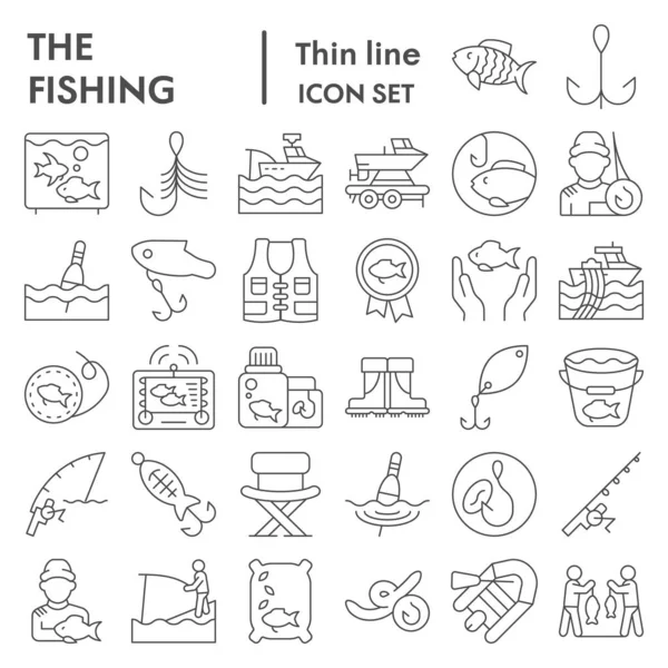 Pesca conjunto de iconos de línea delgada, colección de símbolos de pescador, bocetos vectoriales, ilustraciones de logotipo, signos de pescador paquete pictogramas lineales aislados sobre fondo blanco, eps 10 . — Vector de stock