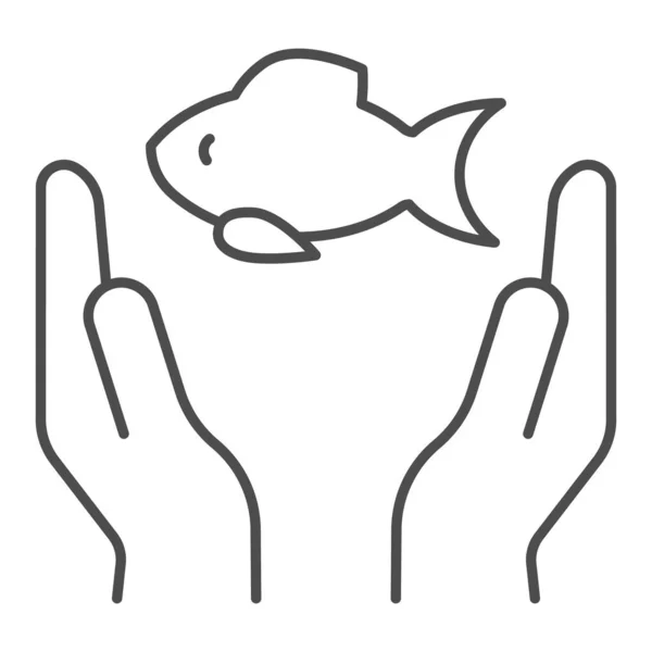 Ψάρι σε χέρια λεπτή γραμμή εικονίδιο. Εικονογράφηση ψαριών και όπλων που απομονώνονται σε λευκό. Σχεδιασμός στυλ δύο χεριών και ψαριών, σχεδιασμένο για web και app. Eps 10. — Διανυσματικό Αρχείο