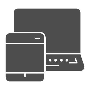 Tablet ve dizüstü bilgisayar katı ikonu, akıllı ev sembolü, beyaz arka planda modern teknoloji vektör işareti, mobil ve web tasarımı için multimedya dijital aygıt simgesi şekli. Vektör grafikleri.