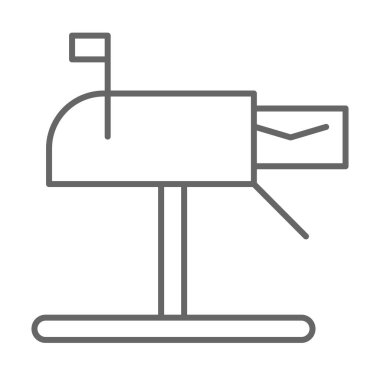 Posta kutusu ince satır simgesi, dağıtım servisi sembolü, beyaz arkaplanda posta kutusu yan görünümü simgesi, ana hatlı mobil konsept ve web tasarımı. Vektör grafikleri.