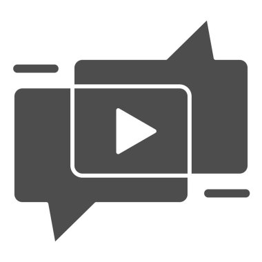 Sohbet köpüğü simgesi ile video içeriği tartışması. Bloglama sembolü, beyaz arkaplanda glifli resim. Mobil konsept ve web tasarımı için sosyal medya imzası. Vektör grafikleri.