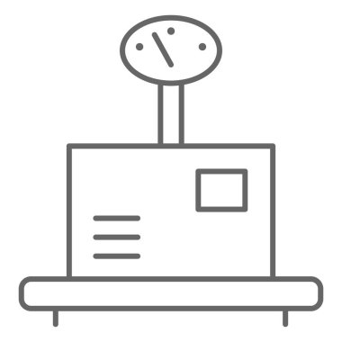 Ağırlık çizgisi simgesi, dağıtım sembolü, beyaz arkaplanda kutu vektör işareti olan ağırlık ölçeği, cep telefonu ve internet için taslak biçiminde paket ağırlık depolama simgesi üzerinde ambalaj. Vektör grafikleri.