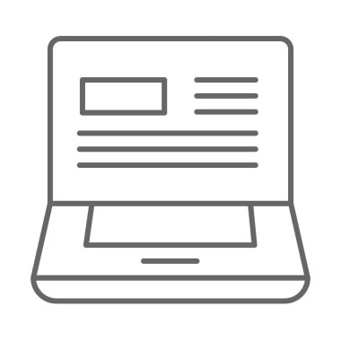 Laptop ince satır simgesi, dağıtım sembolü, beyaz arkaplanda metin web sitesi vektör işareti olan bilgisayar, mobil ve web için ekran simgesi ana hatlarında okunmuş e- posta içeren defter. Vektör grafikleri.