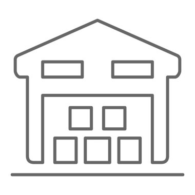 Depo, ince çizgi ikonu, lojistik sembol, beyaz arka planda teslimat depolama vektör işareti, taşınabilir konsept ve web için taslak biçiminde paket ikonu olan depo. Vektör grafikleri.