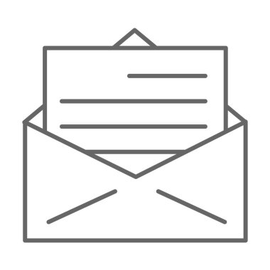 Zarf ince çizgi simgesi, dağıtım sembolü, beyaz arkaplanda posta zarfı vektör işareti, mobil konsept ve web tasarımı için ana hatlı simge şeklinde zarf simgesi aç. Vektör grafikleri.