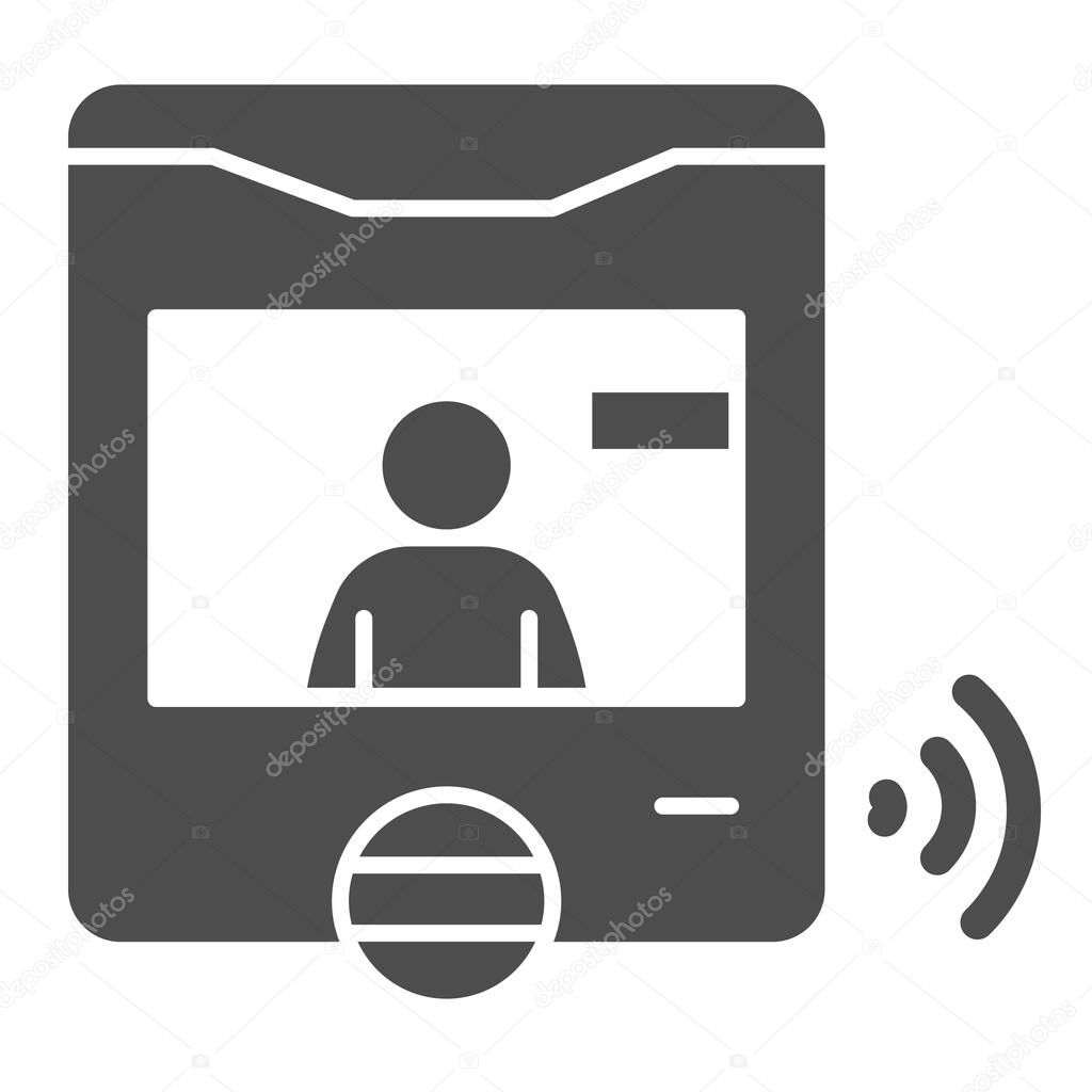 Intercom with guest on screen solid icon, smart home symbol, person recognition video vector sign on white background, security webcam display with man icon glyph style. Vector graphics.