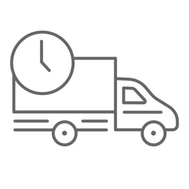 Araba teslimatı, ince çizgi ikonu, dağıtım sembolü, hızlı lojistik kamyon, beyaz arka planda saat vektör işareti, nakliye kamyonu ikonu ana hatlı mobil konsept ve web tasarımı. Vektör grafikleri.