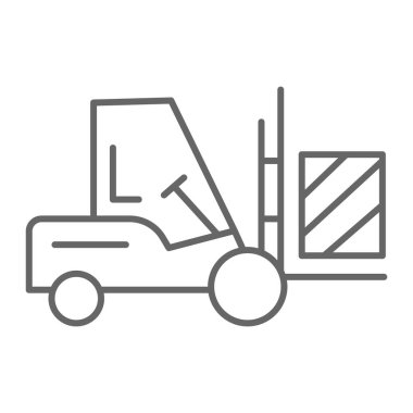 Forklift kamyon teslimatı ince çizgi simgesi, lojistik sembol, beyaz arka planda kargo ambalaj taşıyıcı işareti, mobil ve web için taslak biçimli kutu simgesi olan kaldırma kamyonu. Vektör.