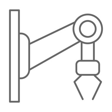 Robotik sevkiyat ince çizgi simgesi, dağıtım sembolü, beyaz arka planda vinç kancası kaldırma mekanizması vektör işareti, mobil ve web tasarımı için ana hatlı robot ambalaj simgesi. Vektör grafikleri.