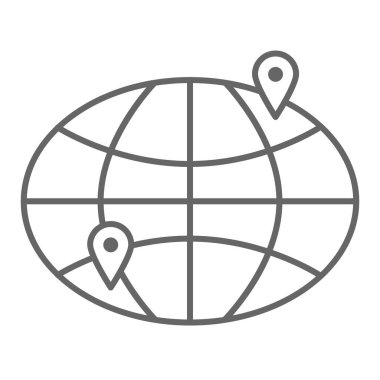 Dünyanın bir noktasından diğer bir ince çizgi ikonuna, teslimat sembolüne, beyaz arka planda iki işaretçi vektör işareti olan Dünya gezegenine, dış hatlar şeklinde uluslararası dağıtım ikonu. Vektör.