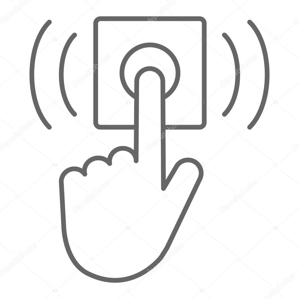 Ring door bell thin line icon, delivery symbol, Hand push bell button vector sign on white background, finger pressing doorbell icon in outline style for mobile and web design. Vector graphics