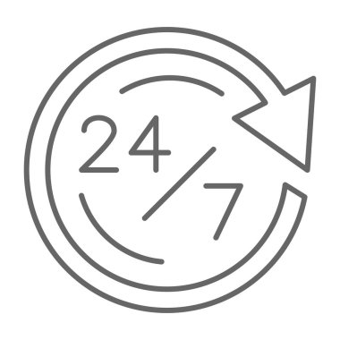 7 saatlik ince çizgi ikonu, lojistik sembol, beyaz arka planda müşteri dağıtım merkezi vektör işareti, açılış saatleri simgesi üzerinde çalışıyoruz. Vektör grafikleri.