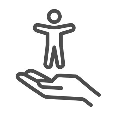 İnsan palmiye çizgisi ikonu üzerinde çocuk, 1 Haziran Çocuk Koruma Günü konsepti, beyaz arka planda el ele tutuşan çocuk tabelası, mobil ve web için ana hatlar şeklinde çocuk bakım sembolü. Vektör grafikleri.